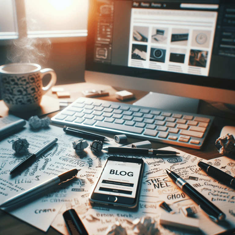 Espace de travail inspirant pour créer un blog avec clavier, smartphone, stylo et écran montrant l'interface de création de blog.