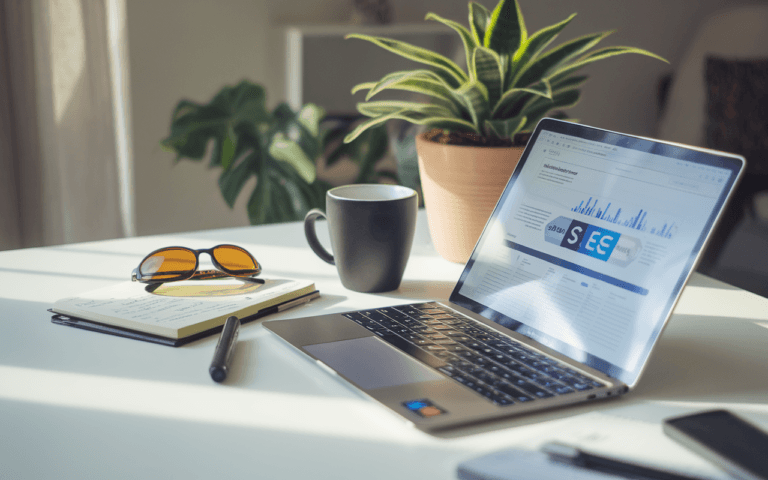 Bureau moderne et épuré avec ordinateur portable affichant des balises SEO, parfait pour un rédacteur seo. Carnet, stylo, lunettes et plante verte ajoutent une touche professionnelle.