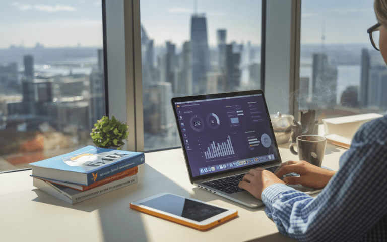 Rédacteur SEO concentré travaillant sur ordinateur portable dans un bureau moderne avec livres sur le SEO, tasse de café, et vue urbaine futuriste de 2025.