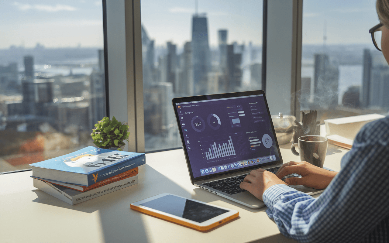 Rédacteur SEO concentré travaillant sur ordinateur portable dans un bureau moderne avec livres sur le SEO, tasse de café, et vue urbaine futuriste de 2025.