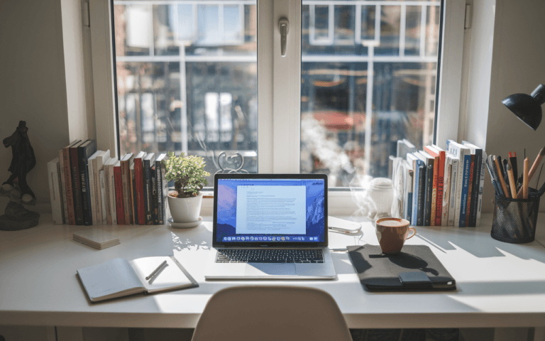 Image d'un espace de travail moderne pour un rédacteur web : bureau organisé avec un ordinateur portable affichant du contenu en rédaction, carnet et stylo pour les notes, lumière naturelle illuminant la scène, symbole d'idées créatives, livres empilés suggérant l'apprentissage continu, et une tasse de café fumante pour une touche de confort.