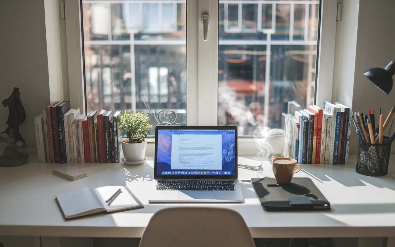 Image d'un espace de travail moderne pour un rédacteur web : bureau organisé avec un ordinateur portable affichant du contenu en rédaction, carnet et stylo pour les notes, lumière naturelle illuminant la scène, symbole d'idées créatives, livres empilés suggérant l'apprentissage continu, et une tasse de café fumante pour une touche de confort.