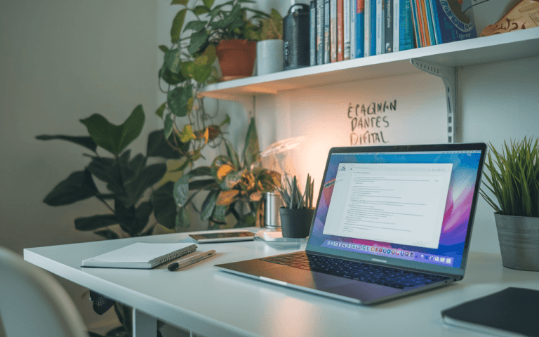 Bureau moderne avec ordinateur affichant des mots clés et graphique SEO, carnet de notes pour rédaction articles SEO, plantes et livres sur écriture et marketing digital en arrière-plan.