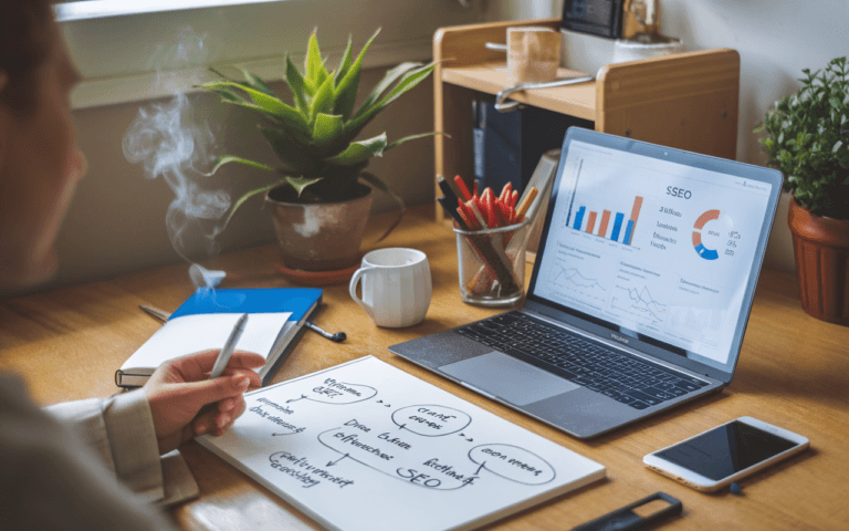 Bureau moderne avec ordinateur portable affichant graphiques de SEO, carnet, smartphone, café fumant; arrière-plan avec plante verte et tableau blanc illustrant concepts-clés du rédacteur SEO.