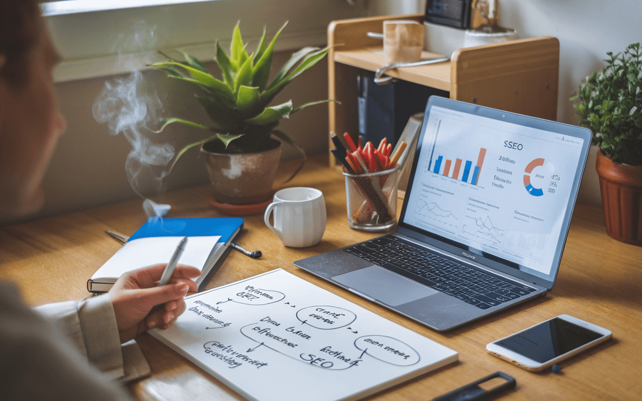 Bureau moderne avec ordinateur portable affichant graphiques de SEO, carnet, smartphone, café fumant; arrière-plan avec plante verte et tableau blanc illustrant concepts-clés du rédacteur SEO.
