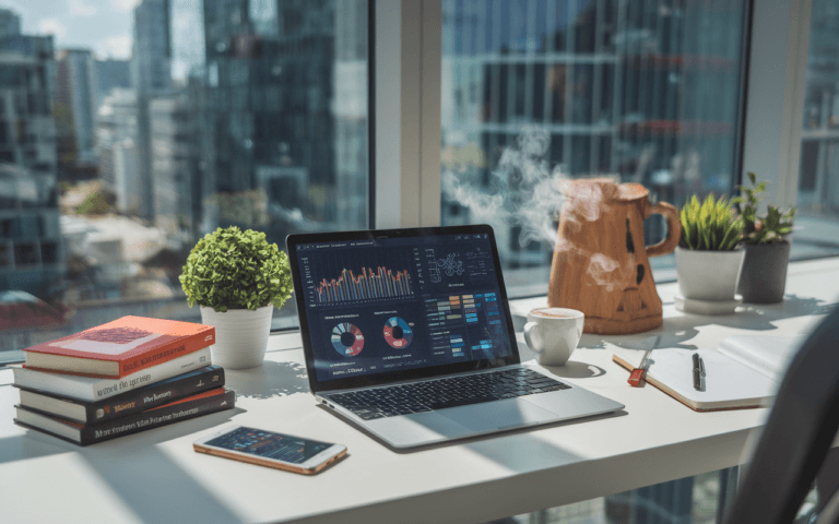 Bureau de rédacteur SEO moderne avec ordinateur portable affichant des données analytiques, livres sur le SEO, carnet de notes manuscrites, smartphone avec application de média social, et fenêtre donnant sur une ville dynamique.