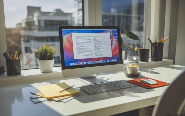 Bureau moderne avec ordinateur portable ouvert sur éditeur de texte pour rédacteur web, notes manuscrites, tasse de café fumante, vue sur ville moderne, ambiance lumineuse propice à la créativité.