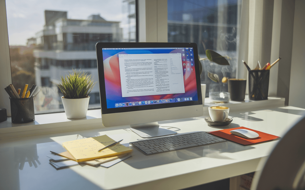Bureau moderne avec ordinateur portable ouvert sur éditeur de texte pour rédacteur web, notes manuscrites, tasse de café fumante, vue sur ville moderne, ambiance lumineuse propice à la créativité.