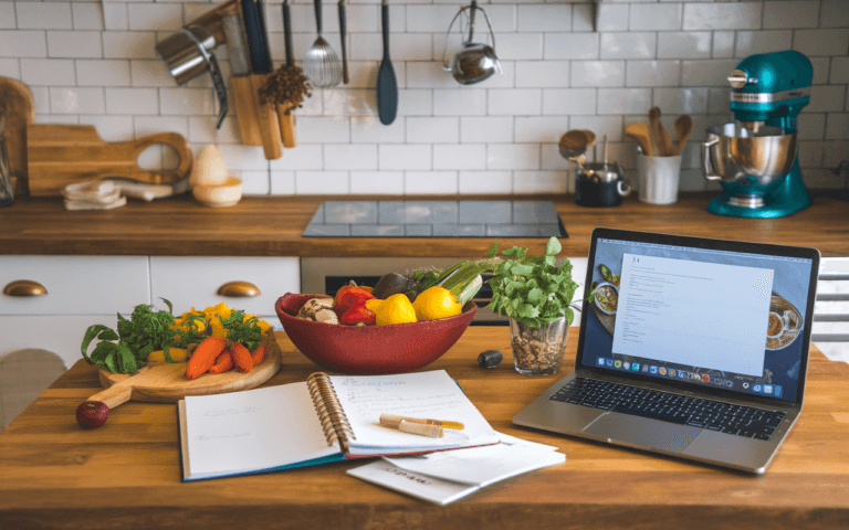 Cuisine moderne pour créer un blog de recettes, carnet ouvert avec notes manuscrites et laptop, ustensiles de qualité en arrière-plan.
