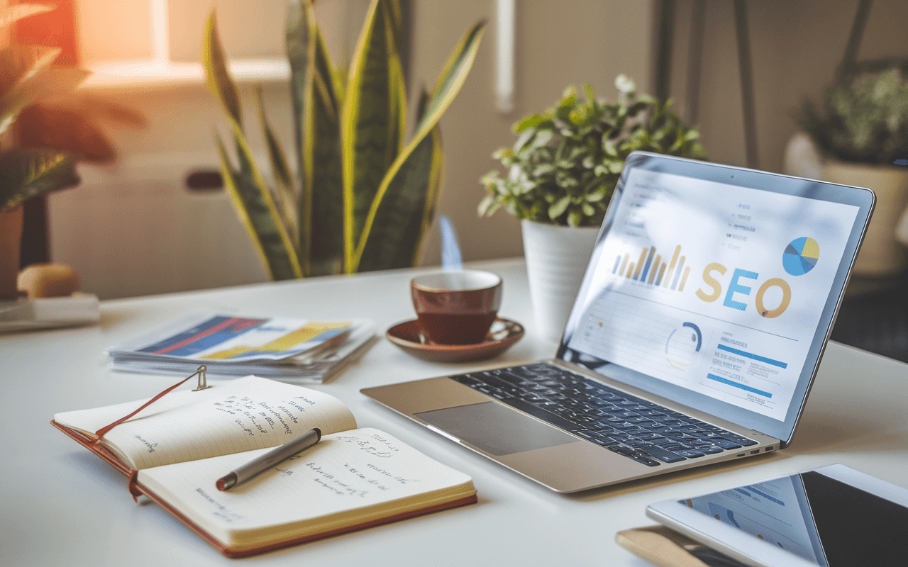 Un bureau moderne avec ordinateur portable affichant un tableau de bord analytique, soulignant le travail d'un rédacteur SEO, entouré de notes manuscrites, d'une plante verte et d'une tasse de café.