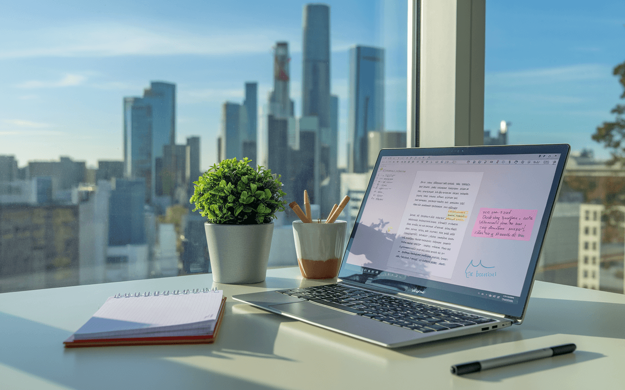 Bureau moderne de rédacteur web avec ordinateur portable, document annoté, notes, plante, et vue urbaine ensoleillée.