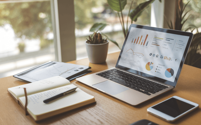 Bureau moderne avec ordinateur affichant graphiques SEO, carnet de notes et icônes de moteur de recherche, illustrant le succès de la rédaction articles SEO.