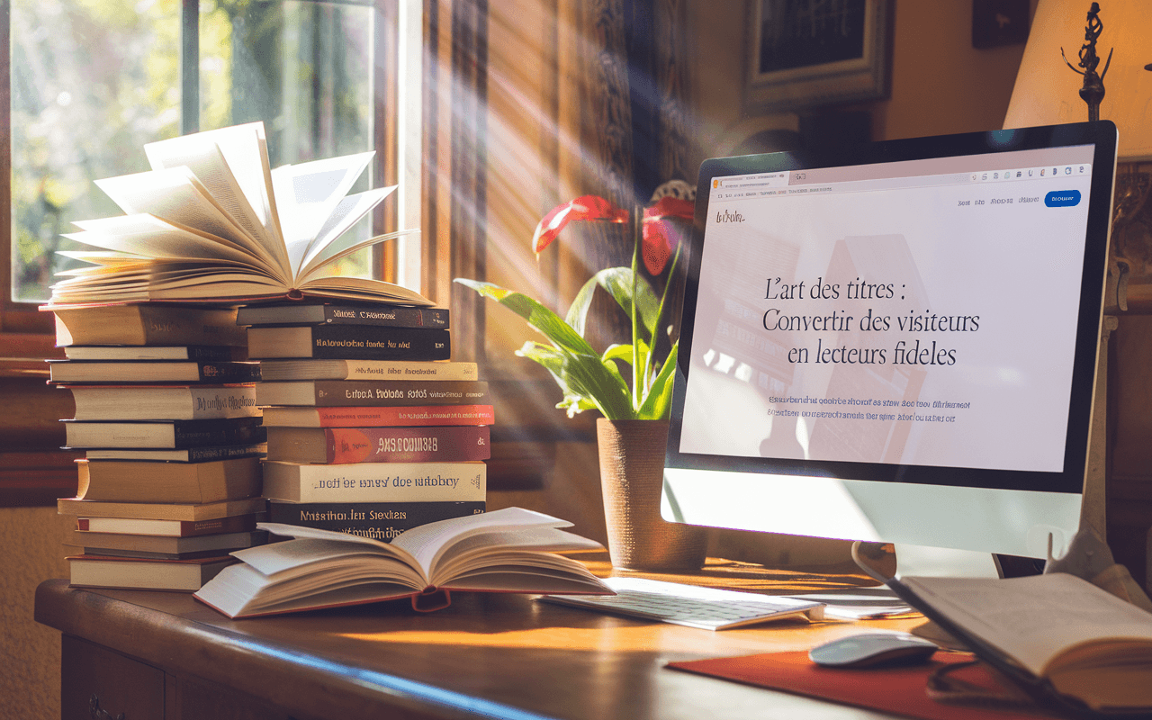 Pile de livres et écran d'ordinateur avec titre accrocheur, illustrant l'art de rédiger des titres captivants.