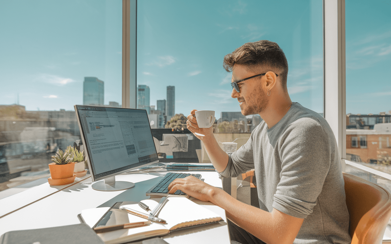 Jeune rédacteur web concentré dans un espace de coworking moderne et lumineux, son bureau équipé d'un ordinateur portable, d'un carnet et d'une tasse de café, avec vue sur une ville animée.
