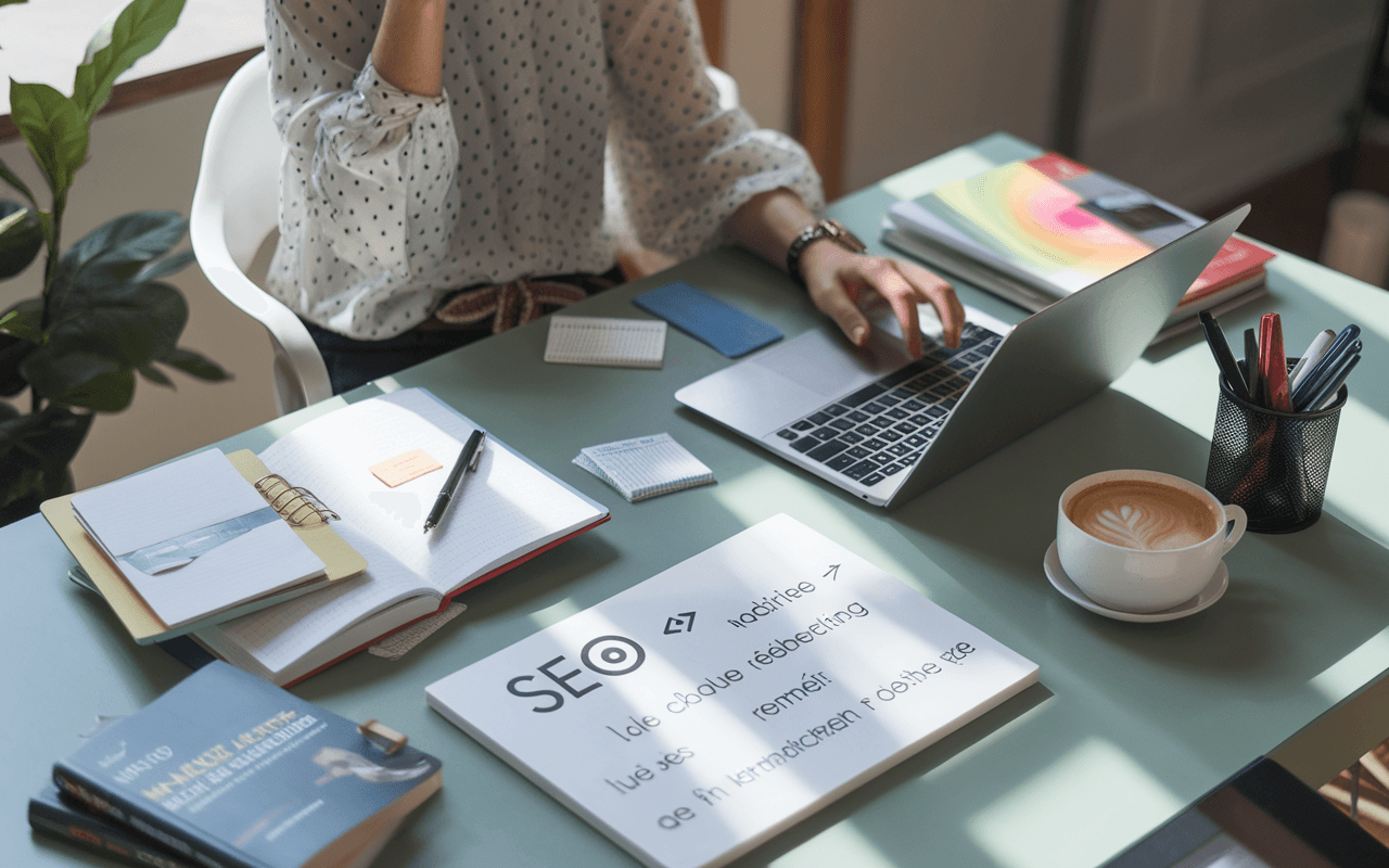 Personne concentrée sur un ordinateur portable dans un bureau moderne, entourée d’éléments SEO comme un tableau avec des schémas de mots-clés et des livres de marketing, mettant en avant le thème : rédaction articles SEO.