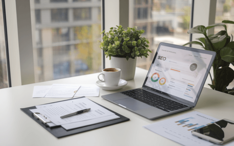 Bureau moderne avec ordinateur portable affichant une analyse SEO, idéal pour rédacteur SEO, entouré de notes manuscrites et d'une tasse de café, éclairé naturellement.