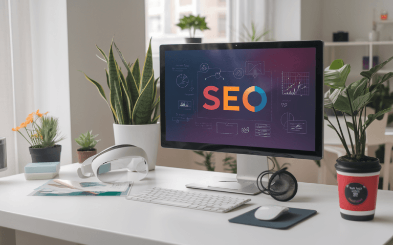 Bureau moderne d'un rédacteur SEO en 2025 avec ordinateur portable affichant des graphiques SEO, plantes vertes, casque de réalité virtuelle et tablette numérique.