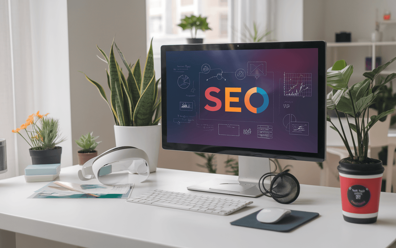 Bureau moderne d'un rédacteur SEO en 2025 avec ordinateur portable affichant des graphiques SEO, plantes vertes, casque de réalité virtuelle et tablette numérique.