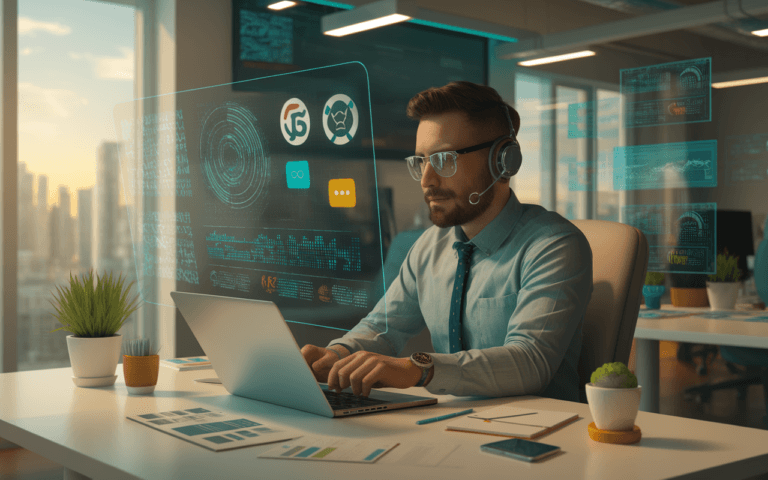 Un rédacteur web travaillant dans un bureau futuriste de 2025 avec des écrans transparents et holographiques affichant des graphiques entouré de symboles de veille informationnelle.