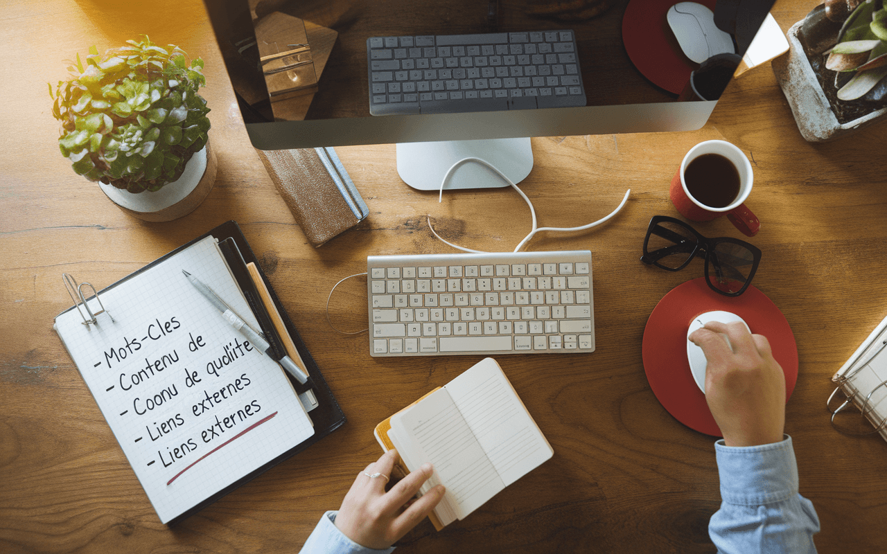 Bureau bien organisé vu du dessus avec clavier, carnet de notes sur SEO comportant