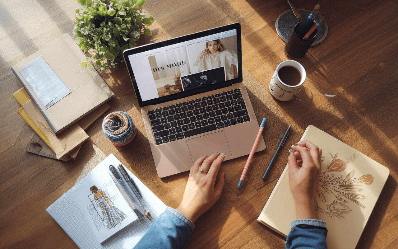 Bureau moderne avec ordinateur portable affichant un site de mode, idéal pour s'inspirer et créer un blog.