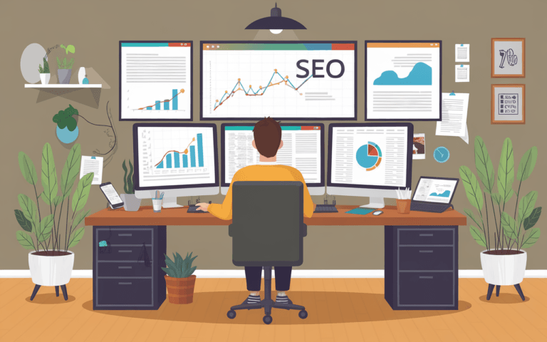 Bureau moderne avec rédacteur SEO travaillant parmi des écrans affichant des graphiques SEO et textes, décor minimaliste avec plantes vertes, smartphone et tablette sur le bureau, illustrant innovation et adaptabilité.