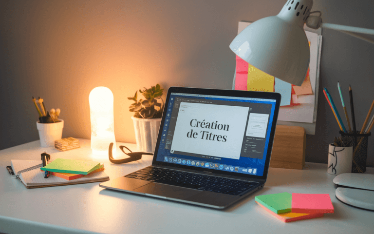Bureau moderne avec ordinateur portable affichant une interface de création de titres accrocheurs, entouré d'éléments de créativité comme une ampoule, des post-it colorés et un carnet, éclairé par une lumière chaleureuse.