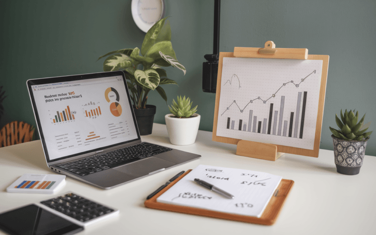 Bureau moderne de rédacteur SEO avec ordinateur affichant graphiques de tarification et analyses de marché, tableau blanc avec notes stratégiques, plante verte et stylo élégant pour une ambiance professionnelle et contemporaine.