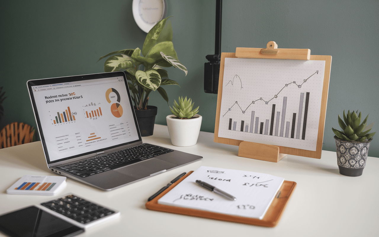 Bureau moderne de rédacteur SEO avec ordinateur affichant graphiques de tarification et analyses de marché, tableau blanc avec notes stratégiques, plante verte et stylo élégant pour une ambiance professionnelle et contemporaine.