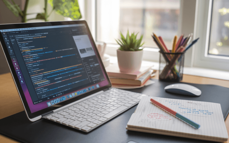 Un bureau moderne avec un ordinateur affichant un logiciel de traitement de texte, des notes manuscrites et stylos colorés, illustrant le travail créatif et professionnel d'un rédacteur web.