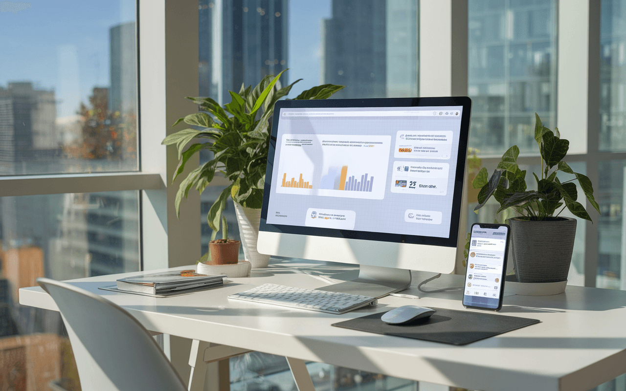 Bureau moderne avec ordinateur portable affichant outils de rédaction articles SEO, smartphone avec notifications d'analyse, plantes vertes intégrées dans un espace lumineux et futuriste.