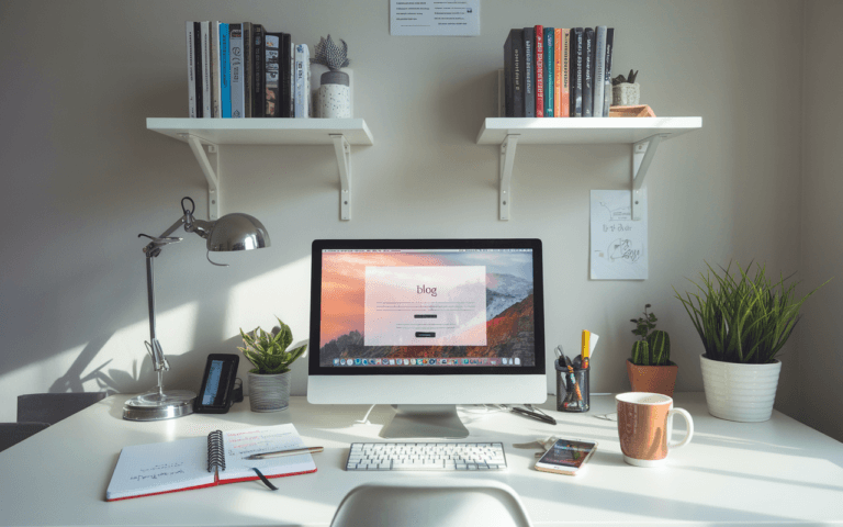 Bureau moderne et minimaliste illustrant la création d'un blog avec ordinateur portable, carnet d'idées créatives, smartphone et café, renforçant l'importance d'un espace inspirant pour créer un blog.