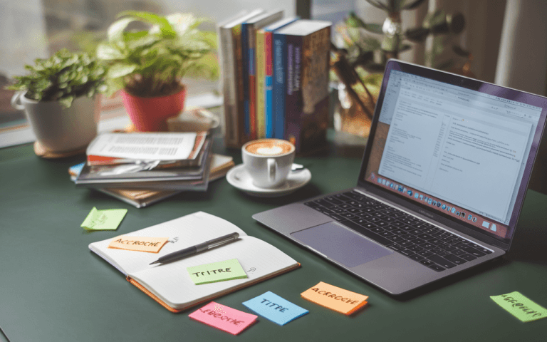 Bureau de rédacteur moderne avec ordinateur portable affichant un logiciel de traitement de texte, carnet et stylo à proximité, notes autocollantes