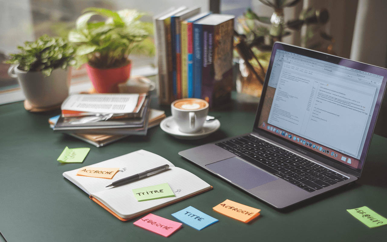 Bureau de rédacteur moderne avec ordinateur portable affichant un logiciel de traitement de texte, carnet et stylo à proximité, notes autocollantes