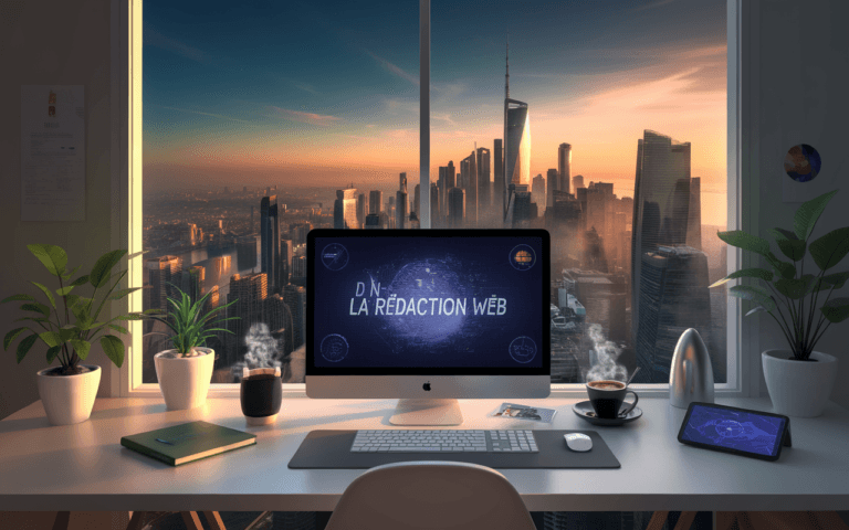 Bureau moderne avec technologie de pointe, idéal pour un rédacteur web en 2025, incluant un ordinateur portable futuriste, gadgets high-tech et vue urbaine.
