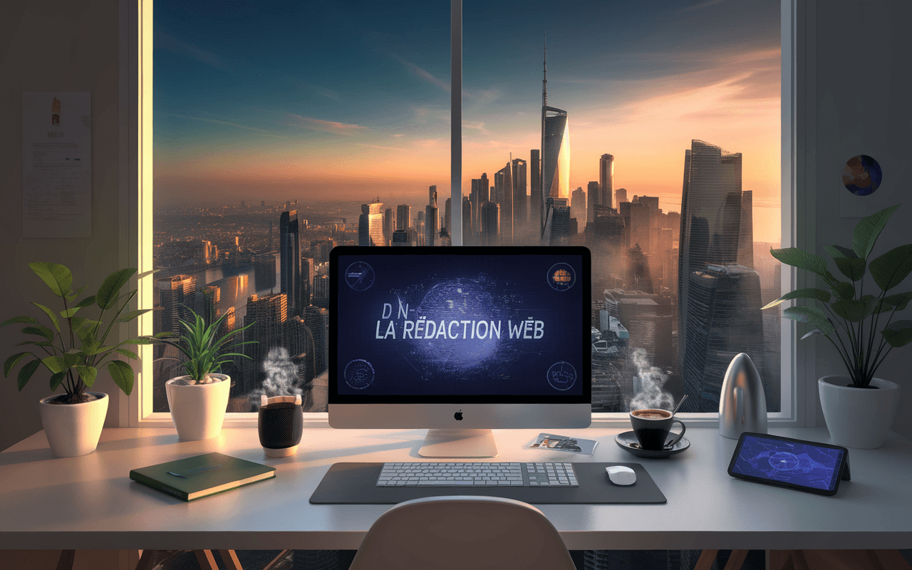 Bureau moderne avec technologie de pointe, idéal pour un rédacteur web en 2025, incluant un ordinateur portable futuriste, gadgets high-tech et vue urbaine.