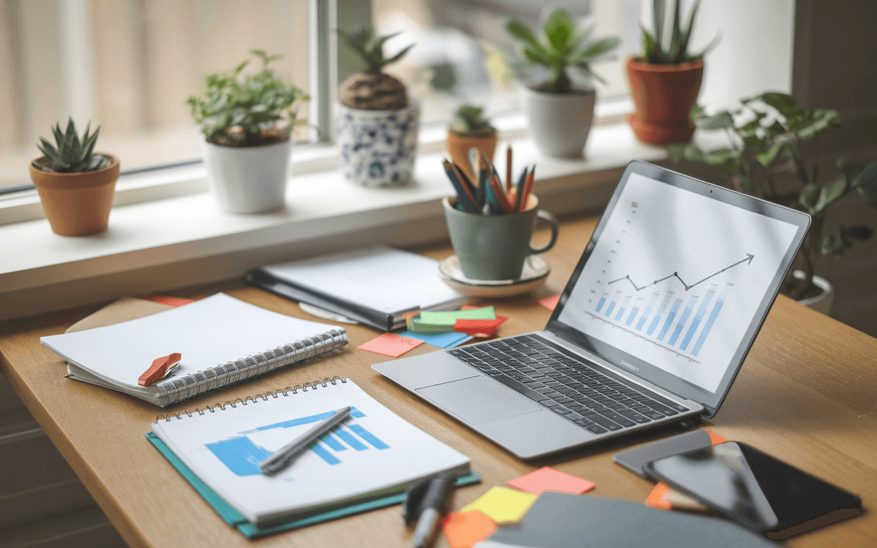 Bureau moderne et organisé avec un ordinateur portable affichant un graphique de croissance, entouré de cahiers, stylos, notes autocollantes et une tasse de café, évoquant la rédaction d'articles SEO. Fenêtre lumineuse et plante verte en arrière-plan.