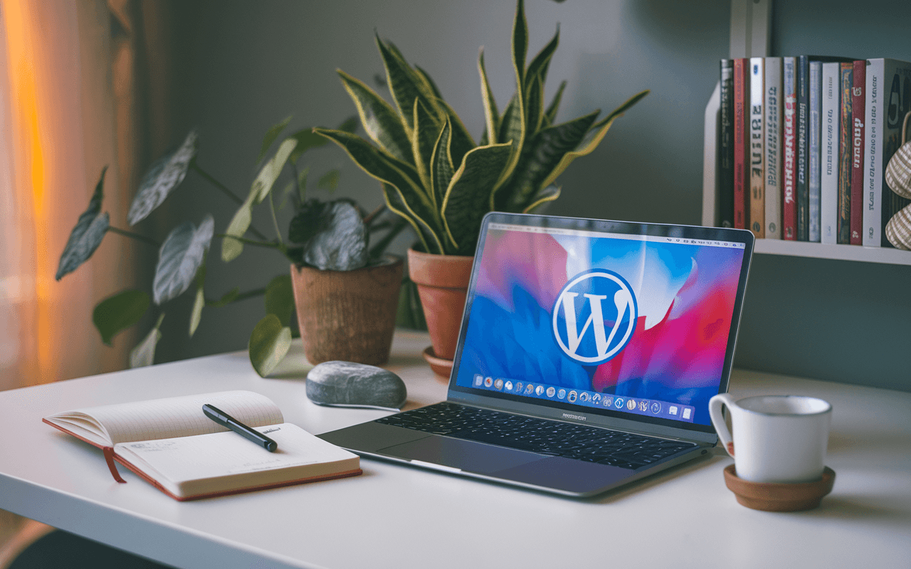 Bureau moderne avec ordinateur affichant WordPress, idéal pour créer un blog, avec carnet et café, ambiance créative.