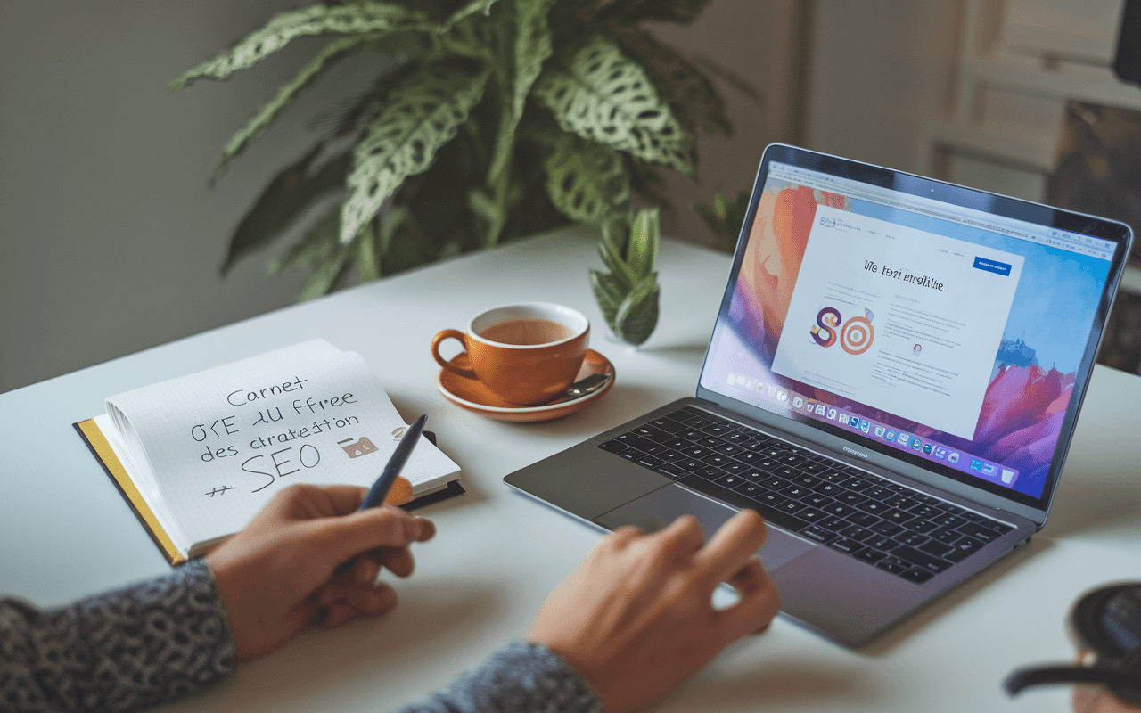 Bureau moderne et épuré, ordinateur portable avec page d'édition ouverte, carnet avec notes de stratégie rédigées par un rédacteur SEO, tasse de café, plante verte, ambiance productive.