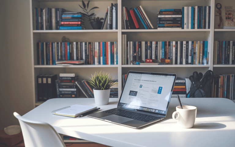 Bureau moderne avec ordinateur affichant plateforme d'emploi pour rédacteur web, carnet et café à côté. Étagère de livres sur le marketing digital en arrière-plan.
