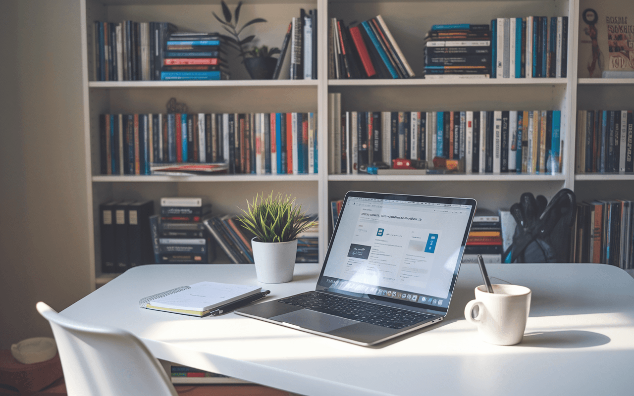 Bureau moderne avec ordinateur affichant plateforme d'emploi pour rédacteur web, carnet et café à côté. Étagère de livres sur le marketing digital en arrière-plan.