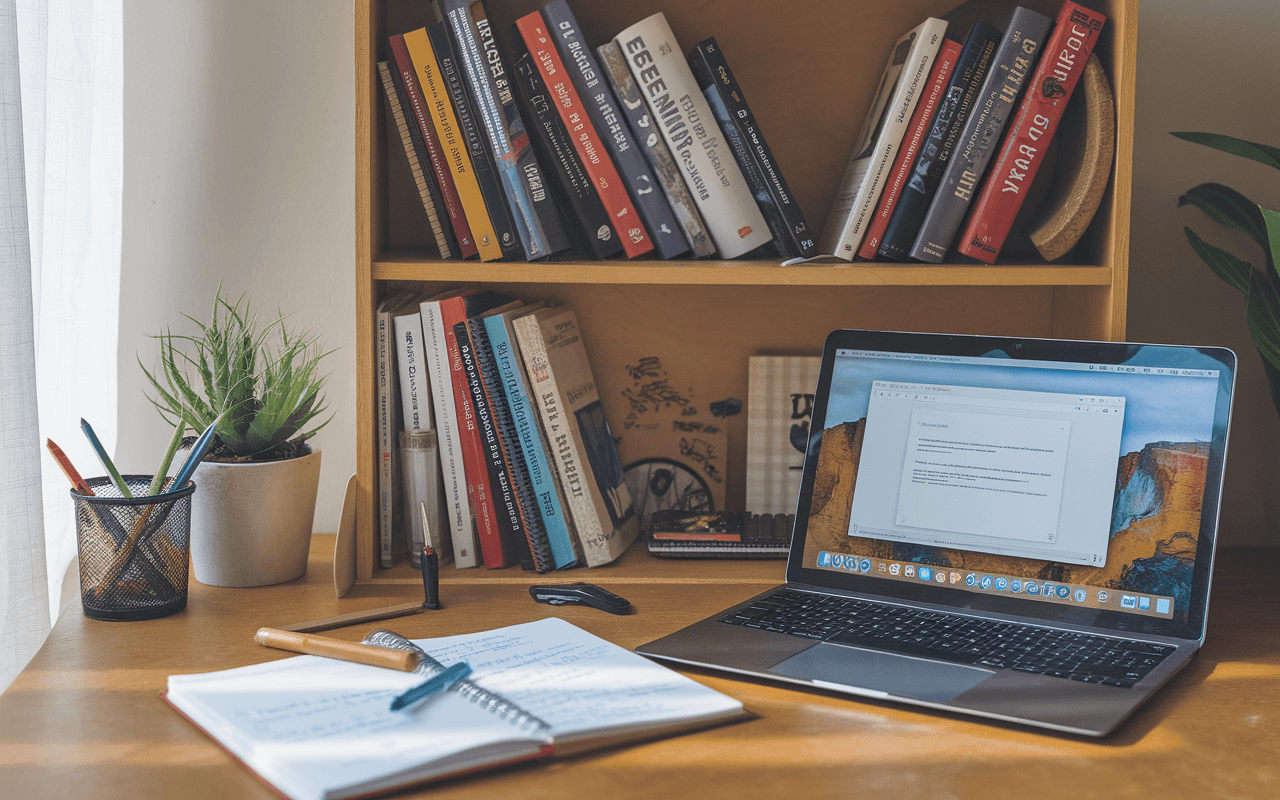 Espace de travail moderne avec ordinateur portable, cahier de notes, livres sur le SEO et lumière naturelle, idéal pour la rédaction articles SEO.