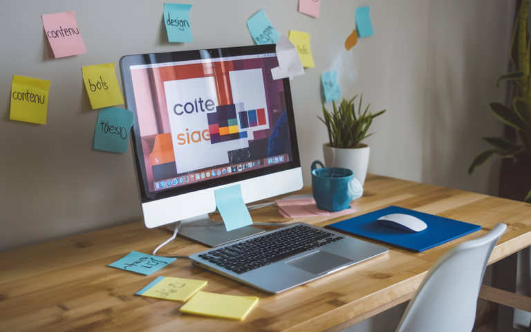 Espace de travail moderne pour créer un blog, avec un ordinateur affichant un site en cours de création, entouré de notes colorées et une tasse de café, évoquant créativité et concentration.