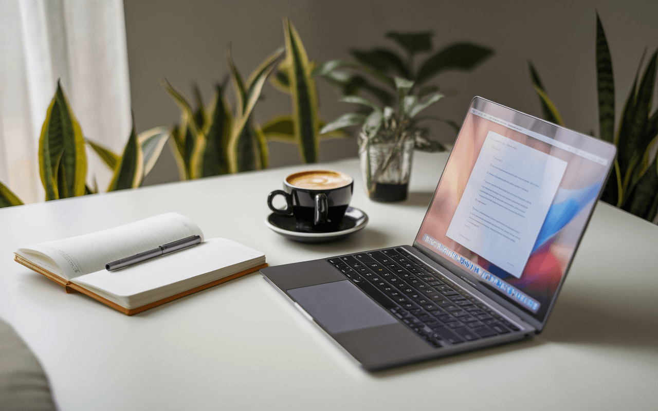 Bureau moderne avec ordinateur portable, carnet et stylo pour un rédacteur SEO, café et plantes vertes apportant une atmosphère créative et inspirante.