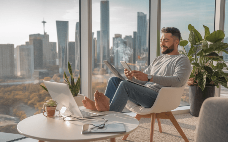Rédacteur web travaillant à domicile dans un espace moderne, avec technologie avancée et vue sur une ville futuriste, illustrant l'équilibre travail-bien-être en 2025.