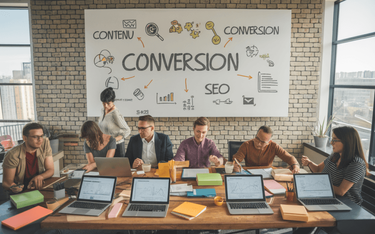 Séance de brainstorming en rédaction articles SEO, avec graphes et notes pour optimiser le contenu et les conversions.