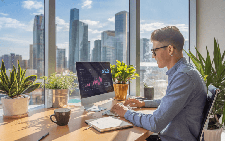 Jeune rédacteur SEO concentré dans un bureau moderne avec plantes et gadgets, travaillant sur un ordinateur portable affichant des statistiques SEO, café fumant et carnet à proximité, vue urbaine depuis une fenêtre.