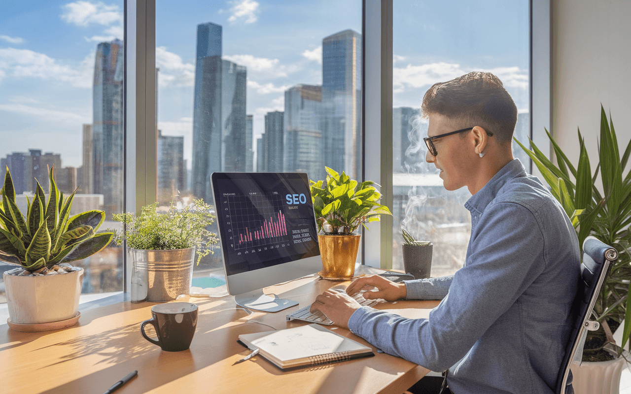Jeune rédacteur SEO concentré dans un bureau moderne avec plantes et gadgets, travaillant sur un ordinateur portable affichant des statistiques SEO, café fumant et carnet à proximité, vue urbaine depuis une fenêtre.
