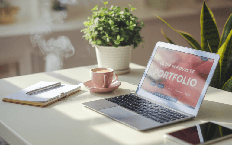 Bureau moderne et épuré d'un rédacteur web avec ordinateur portable affichant portfolio, carnet de notes, stylo, plante verte et tasse de café fumante sous lumière matinale.