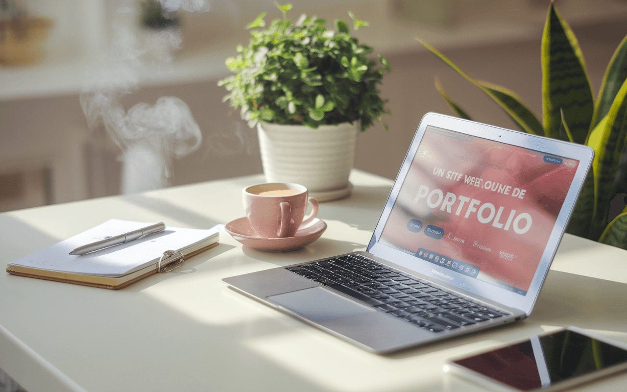 Bureau moderne et épuré d'un rédacteur web avec ordinateur portable affichant portfolio, carnet de notes, stylo, plante verte et tasse de café fumante sous lumière matinale.